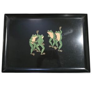 Rare Vintage Couroc Monterey Black Resin Tray Hand Inlaid Dancing Green Frogs